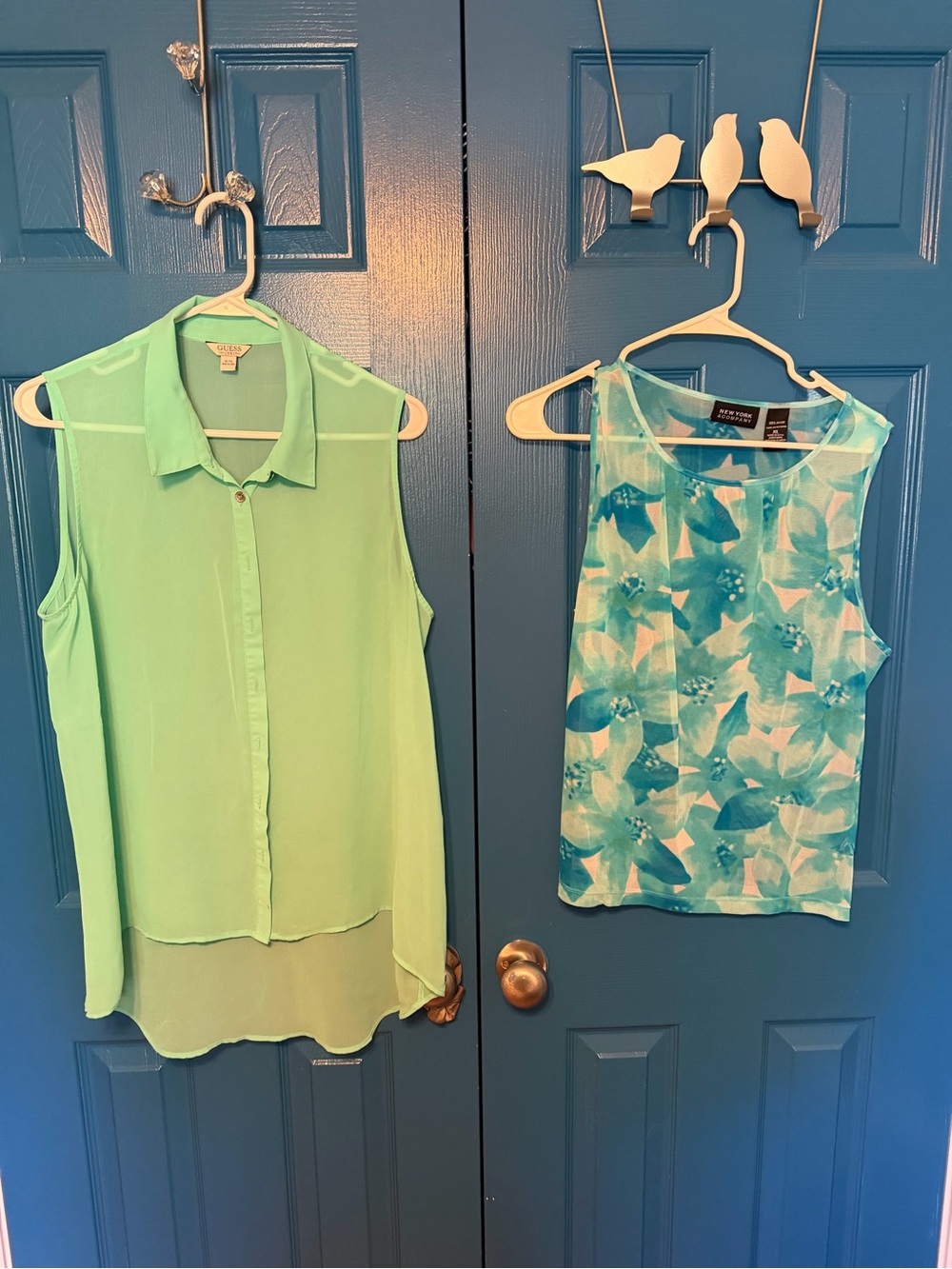 Light Green Sleeveless Button-Front Blouse by Guess and a print top New York &co